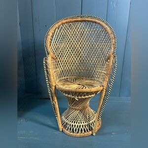 Vintage Woven Rattan Chair with Natural and Black Accents | Plant Sta/Doll Chair